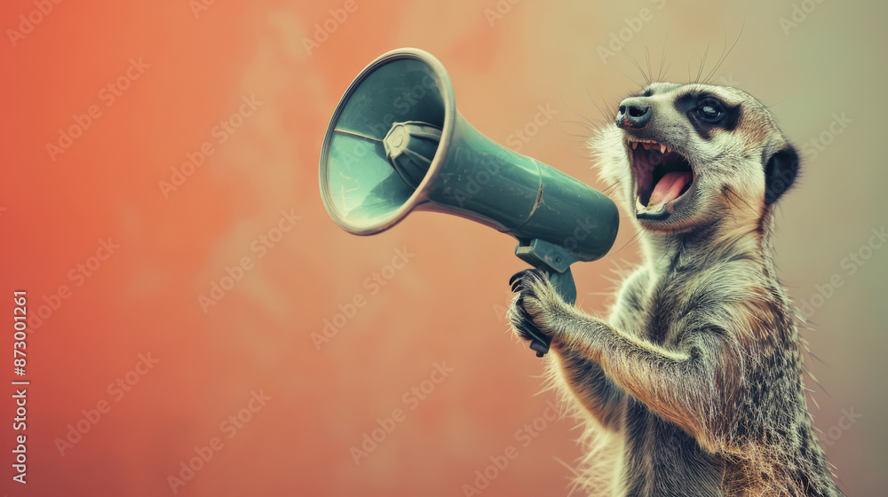 Fototapeta premium Meerkat holding a megaphone on an orange background, humorous concept