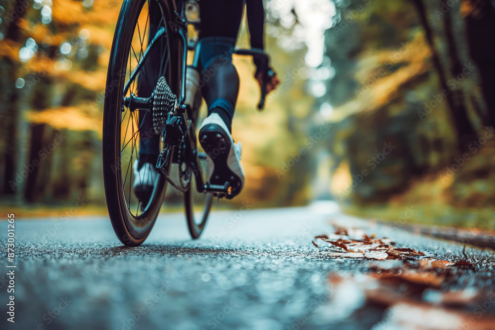 Naklejka premium A cyclist riding on a scenic road through a forest with autumn foliage.