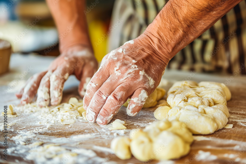 Close-up of a person kneading dough on a floured surface, with hands covered in flour. The scene suggests baking or bread-making in a kitchen setting. Close-up of a person kneading dough on a floured surface, with hands covered in flour. The scene suggests baking or bread-making in a kitchen setting.