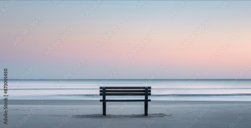 Lonely bench on tranquil beach at dawn, serene landscape concept