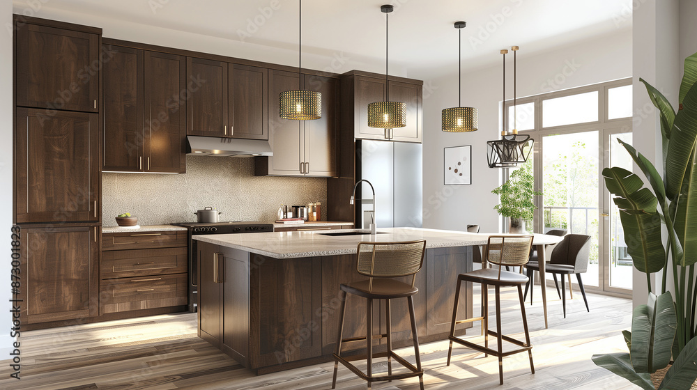 A sleek and modern kitchen featuring contemporary design elements. The kitchen is equipped with a large white island with bar stools A sleek and modern kitchen featuring contemporary design elements. The kitchen is equipped with a large white island with bar stools