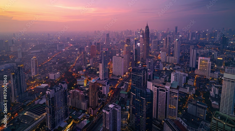Fototapeta premium Aerial view of Bangkok cityscape around Rama 9 area at dawn, with skyscrapers and streets illuminated in soft lavender and gold hues.