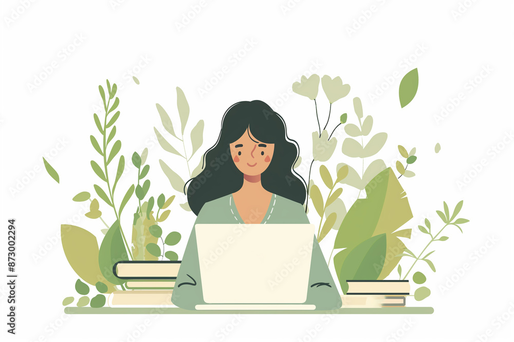 A woman working with laptop, simple modern flat design illustration A woman working with laptop, simple modern flat design illustration
