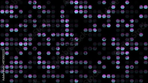 Neon 4K abstract graphic loopable video ornament with hexagon shaped dots. Digital music and audio theme.