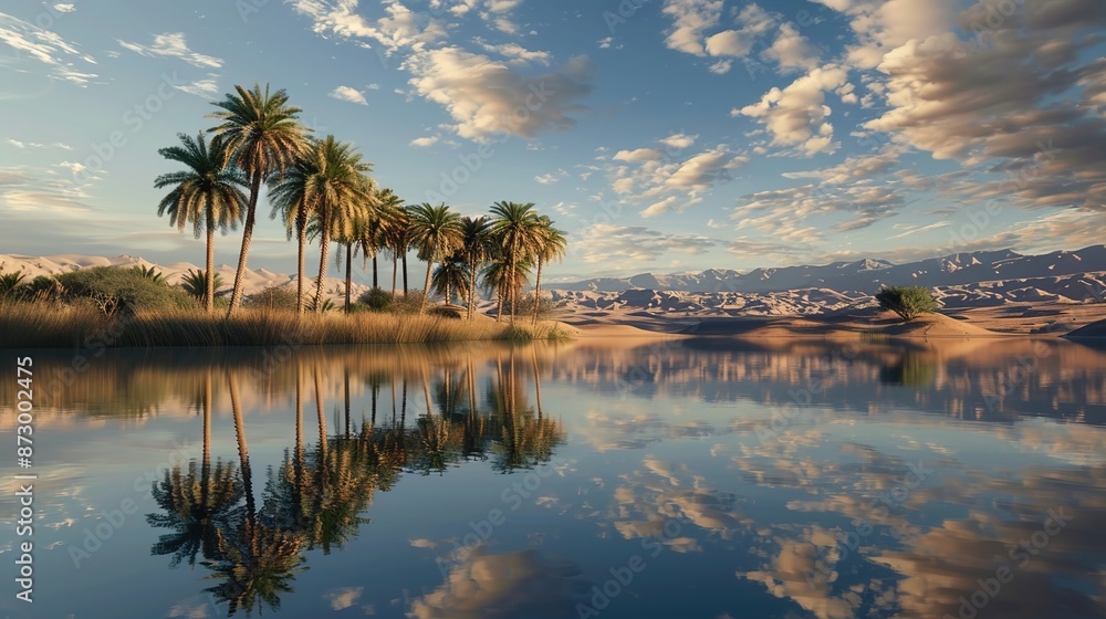 Obraz premium Serene Oasis: Reflective Still Water Mirroring Majestic Palm Trees in Desert Landscape