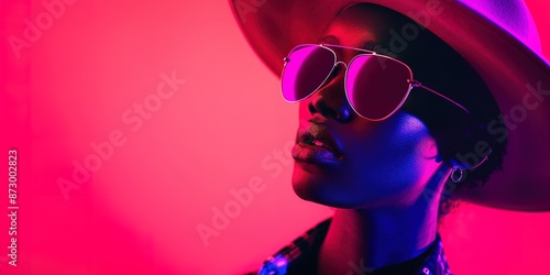 Stylish woman in cowboy hat with pink tinted sunglasses, red neo photo