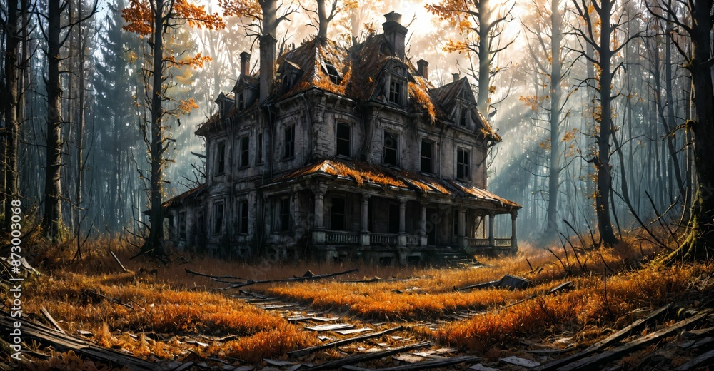 decayed abandoned house buildings in overgrown post apocalyptic suburban neighborhood in autumn fall. old town home ruins in housing suburbs surrounded by trees. decayed abandoned house buildings in overgrown post apocalyptic suburban neighborhood in autumn fall. old town home ruins in housing suburbs surrounded by trees.