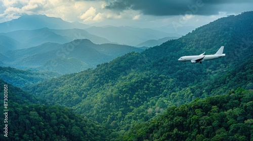 Wallpaper Mural Aerial view of White Airplane taking off or flying in the air above green rain forest mountain view, nature landscape, healthy environment area, with. Torontodigital.ca