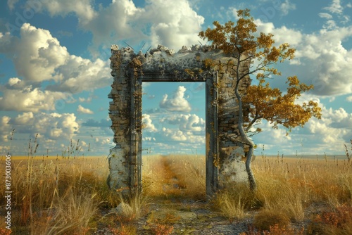 Ruined doorway in grassland landscape