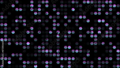 Neon 4K abstract geometric loopable video ornament with hex shaped dots. Digital music and audio theme
