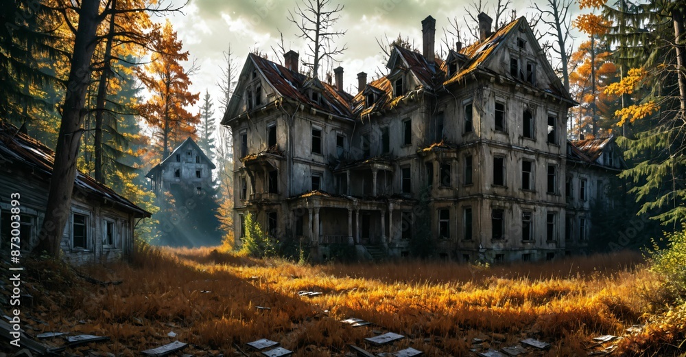 decayed abandoned house buildings in overgrown post apocalyptic suburban neighborhood in autumn fall. old town home ruins in housing suburbs surrounded by trees. decayed abandoned house buildings in overgrown post apocalyptic suburban neighborhood in autumn fall. old town home ruins in housing suburbs surrounded by trees.