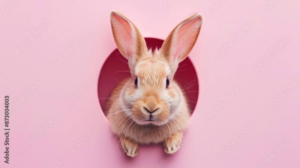 Fototapeta premium adorable bunny peeking through a red hole on a pink background, cute pet photography concept