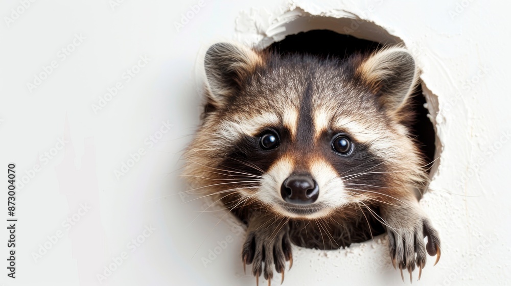 Obraz premium Raccoon peeking through a hole in the wall, curious wildlife scene. Cute animal behavior concept