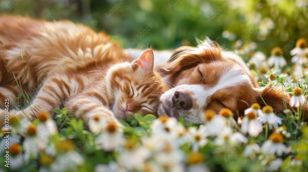 Cat and dog sleeping together in a flower field, serene nature scene. Cat and dog sleeping together in a flower field, serene nature scene.