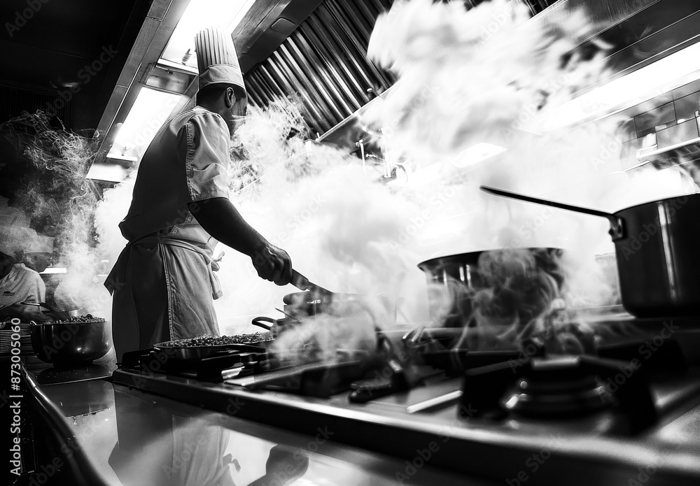 Chef Working in Smoky Restaurant Kitchen. Chef Working in Smoky Restaurant Kitchen.
