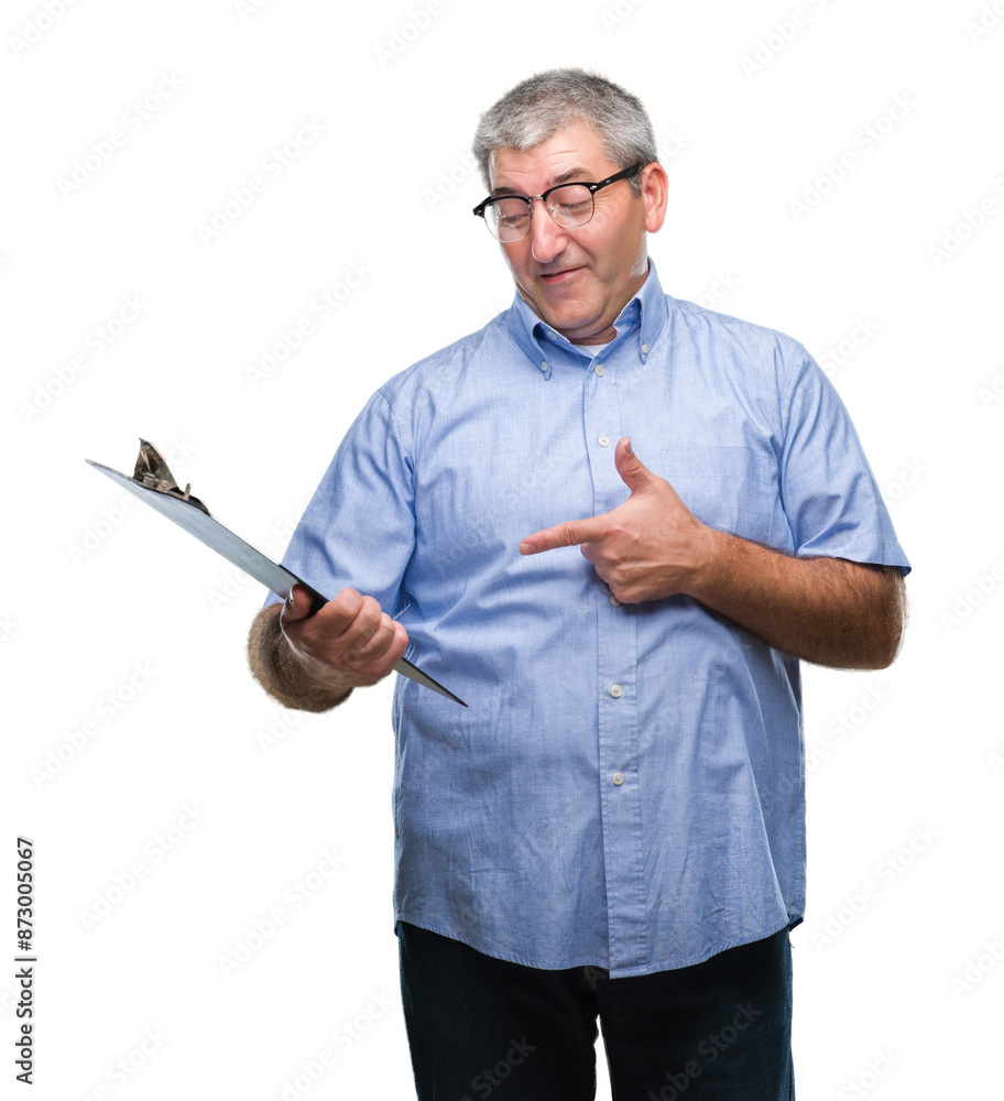 Handsome senior inspector man holding clipboard over isolated background very happy pointing with hand and finger Handsome senior inspector man holding clipboard over isolated background very happy pointing with hand and finger