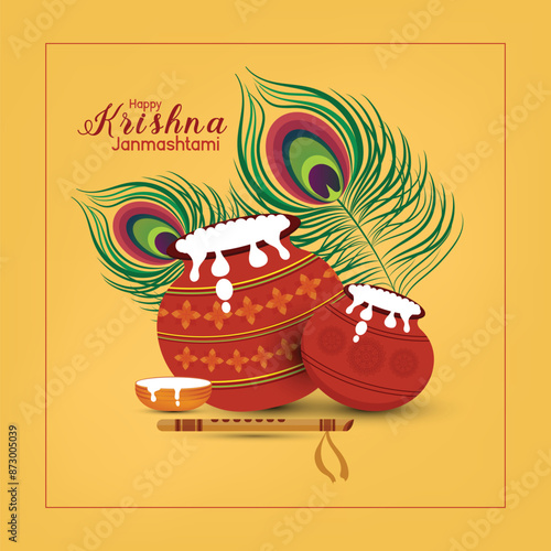 Happy Krishna Janmashtmi festival banner template design with dahi handi and peacock feather.