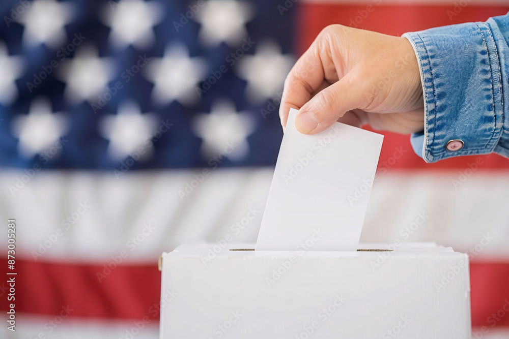 A person casting a vote by placing a ballot into a box with the American flag in the background symbolizing patriotism A person casting a vote by placing a ballot into a box with the American flag in the background symbolizing patriotism