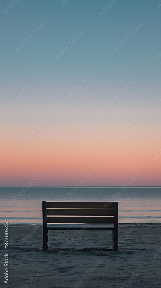Bench on beach at dawn, serene early morning sky. Tranquil solitude and nature appreciation concept Bench on beach at dawn, serene early morning sky. Tranquil solitude and nature appreciation concept