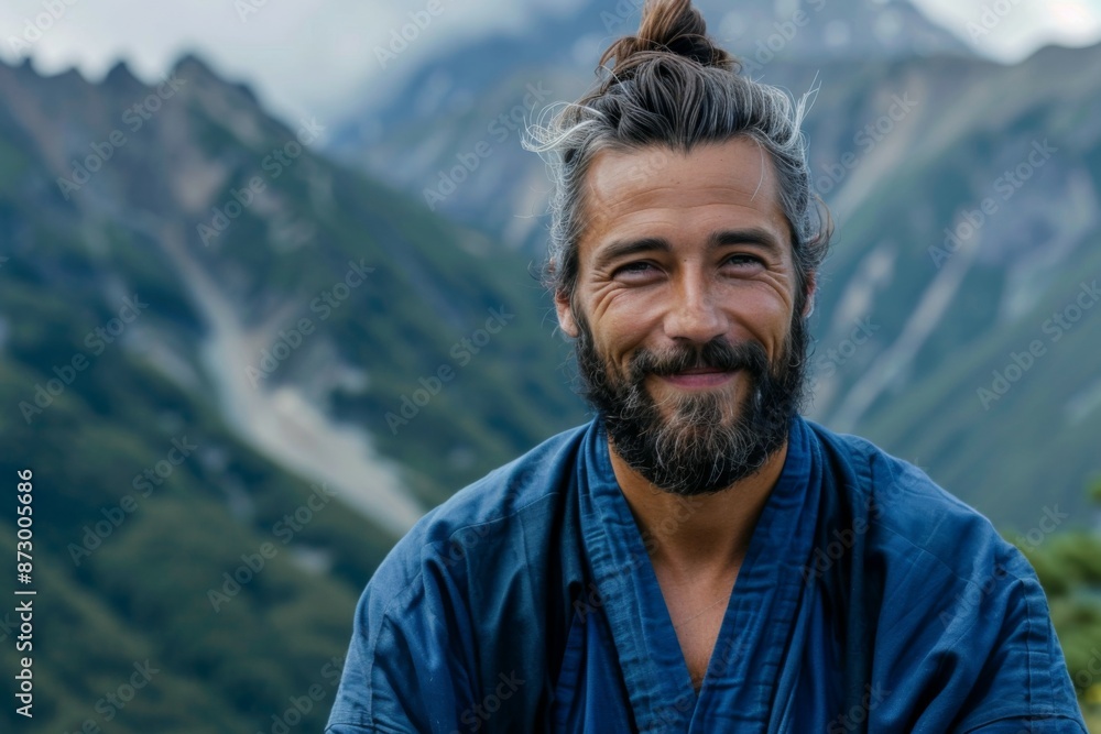 Man in traditional attire smiling in mountain landscape Man in traditional attire smiling in mountain landscape