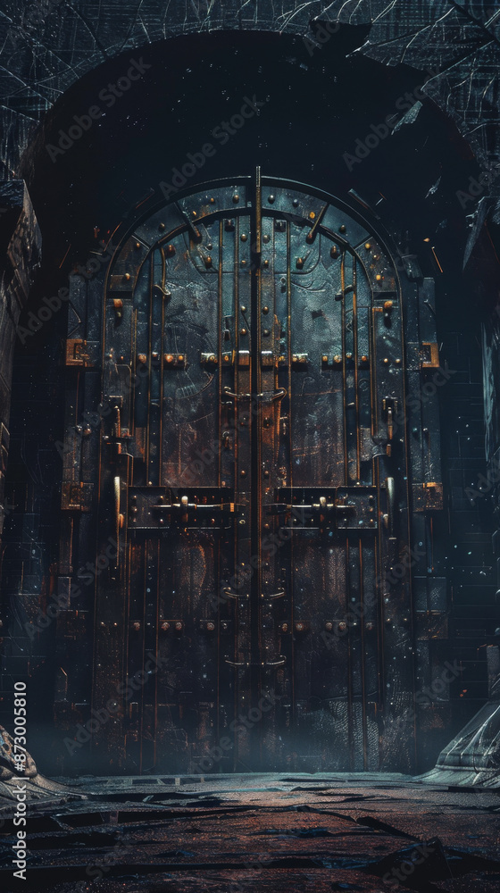 Large rusty metal door in a dark dungeon, medieval fantasy concept Large rusty metal door in a dark dungeon, medieval fantasy concept