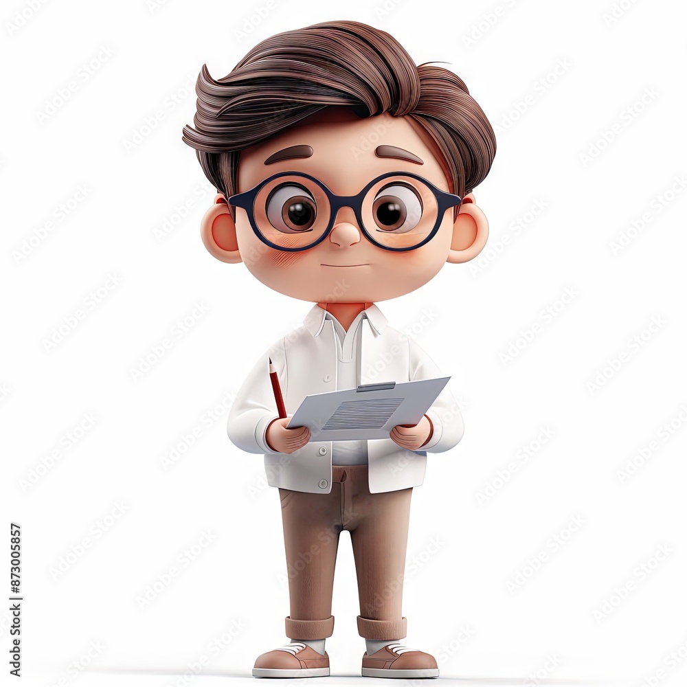 A 3D cartoon character of a young professional man in an office setting. He is dressed in a white shirt and beige pants. He has stylish brown hair, wears glasses, and is holding papers and a red pen. A 3D cartoon character of a young professional man in an office setting. He is dressed in a white shirt and beige pants. He has stylish brown hair, wears glasses, and is holding papers and a red pen.