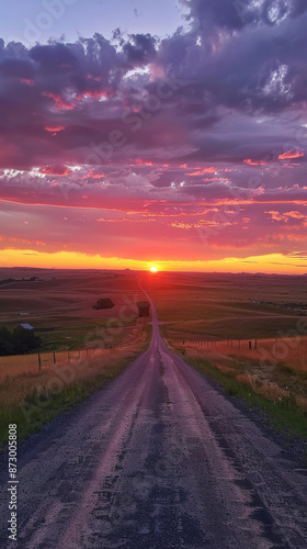 Road leading to sunset across open fields with vibrant clouds © NK