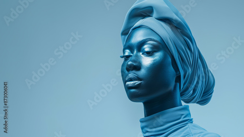 Portrait of a woman with a turban and blue lighting, creative photography. Contemporary art and fashion concept