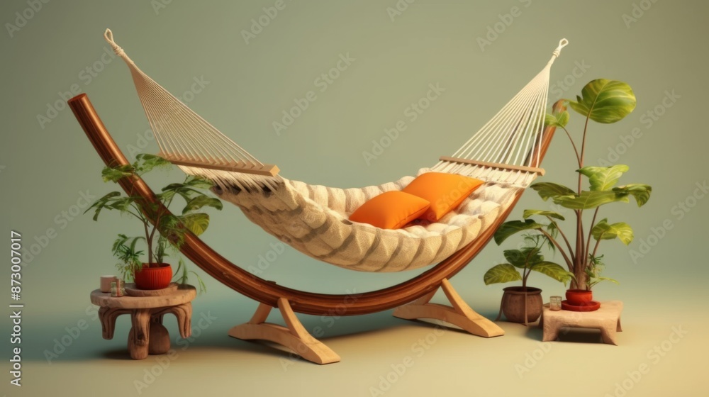 Fototapeta premium Relaxing Hammock with Tropical Plants and Pillows