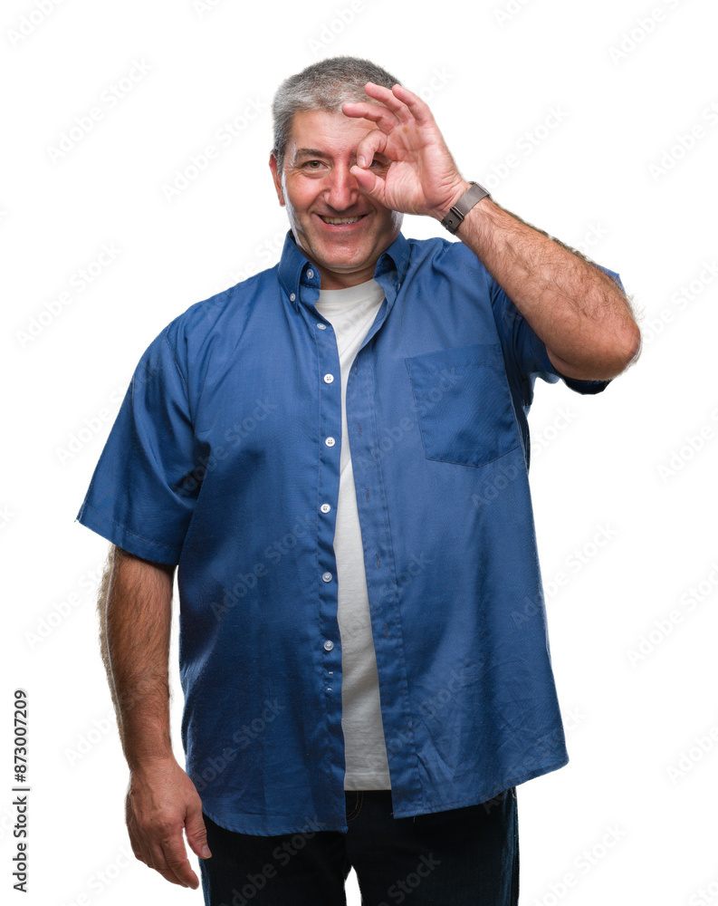 Handsome senior man over isolated background doing ok gesture with hand smiling, eye looking through fingers with happy face. Handsome senior man over isolated background doing ok gesture with hand smiling, eye looking through fingers with happy face.