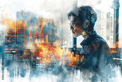 Businessman using AI robot, automated data system, generating KPI reports, database connection, intelligent data analysis, Watercolor style