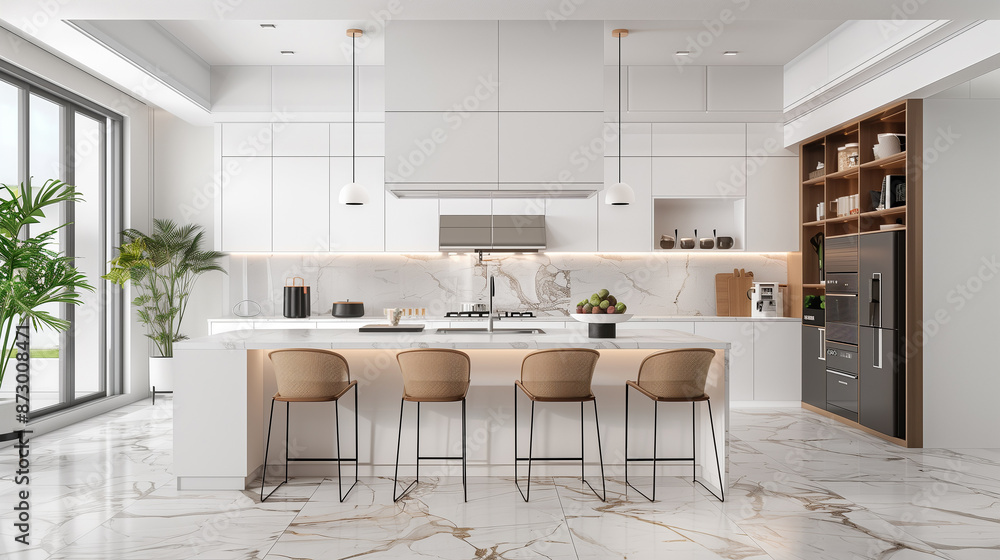 A sleek and modern kitchen featuring contemporary design elements. The kitchen is equipped with a large white island with bar stools, stainless steel appliances, and minimalist white cabinetry. A sleek and modern kitchen featuring contemporary design elements. The kitchen is equipped with a large white island with bar stools, stainless steel appliances, and minimalist white cabinetry.