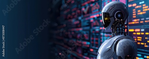 Businessman with automated data system, generating KPI reports, intelligent AI robot, connected database analysis