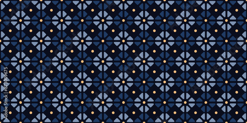 Elegant checkered pattern square shapes motif continuous classic blue background. Modern decoration ditsy floral fabric design textile swatch ladies dress, men's shirt all over print block.