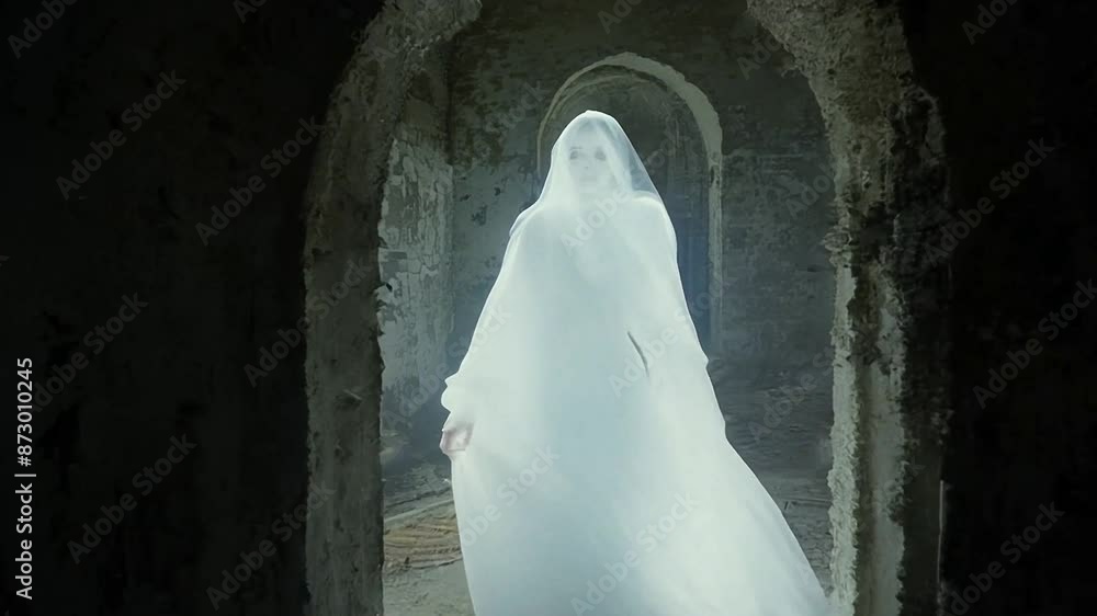 A ghostly figure of light moves slowly and spooky in an old lost place building. A ghostly figure of light moves slowly and spooky in an old lost place building.