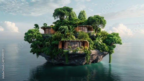 A conceptual vacation destination includes fantastical homes on an island where the natural beauty is enhanced by magical flora and fauna