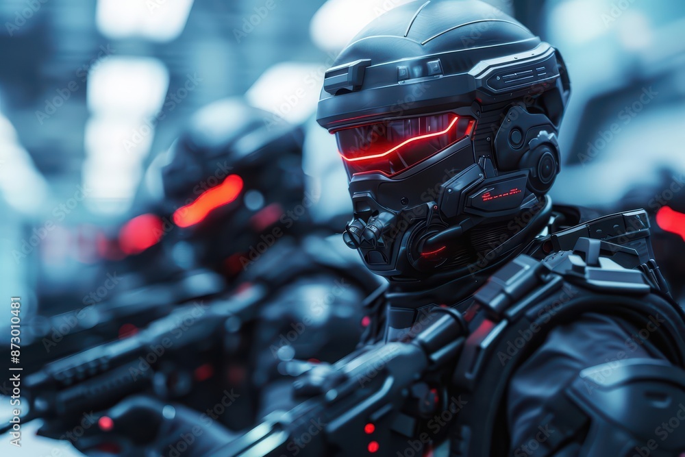 A futuristic army is equipped with enchanted armor and weapons forged from mystical metals A futuristic army is equipped with enchanted armor and weapons forged from mystical metals