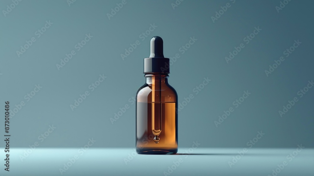 A Single Amber Dropper Bottle Against a Pale Blue Background. Generative AI A Single Amber Dropper Bottle Against a Pale Blue Background. Generative AI