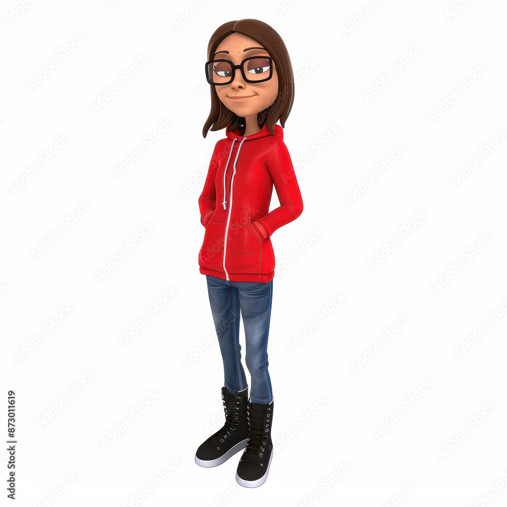 Fullbody 3D rendering of a stylish mom in glasses, red hoodie, jeans, and black boots. Fullbody 3D rendering of a stylish mom in glasses, red hoodie, jeans, and black boots.