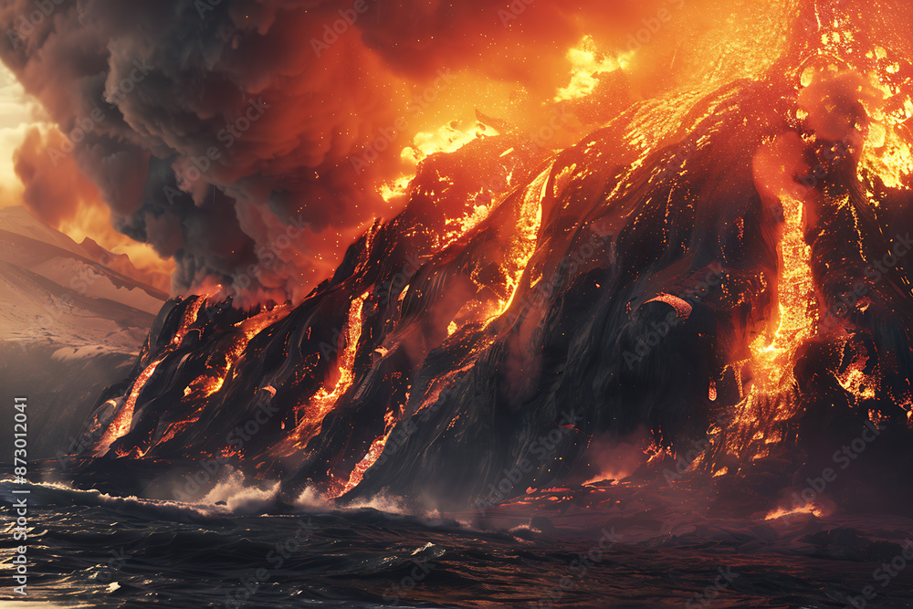 Naklejka premium Cataclysmic volcanic eruptions releasing magma, ash, and gases, dramatically reshaping landscapes and impacting global climate.