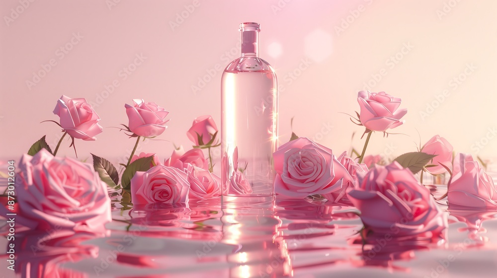 A bottle surrounded by pink roses on the clear pink water. A bottle surrounded by pink roses on the clear pink water.