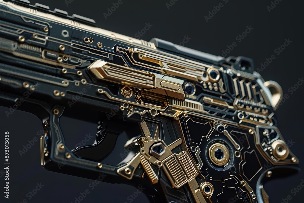 Naklejka premium A futuristic weapons manufacturer designs guns encrusted with precious gems that not only enhance the weapons aesthetic appeal but also channel supernatural energy for increased ac