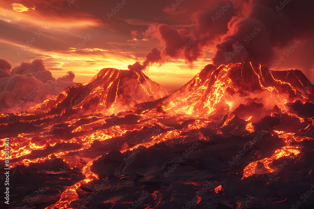 Fototapeta premium Cataclysmic volcanic eruptions releasing magma, ash, and gases, dramatically reshaping landscapes and impacting global climate.