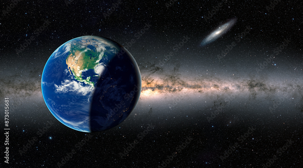 Obraz premium Planet Earth with a spectacular sunset , Milky Way and Andromeda galaxy in the background