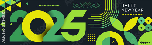 happy new year 2025 text design with modern calligraphy and dark background style. Creative Greeting card banner for 2025 clean energy colorful vegan green yellow lines. Latest Vector illustration.