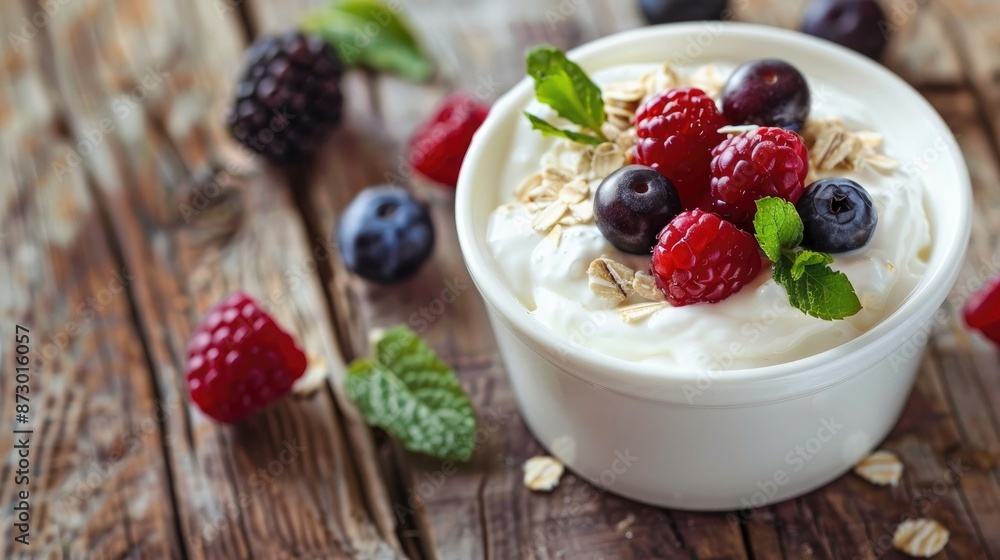 Nutritious morning meal yogurt berries and oats on wooden table Nutritious morning meal yogurt berries and oats on wooden table