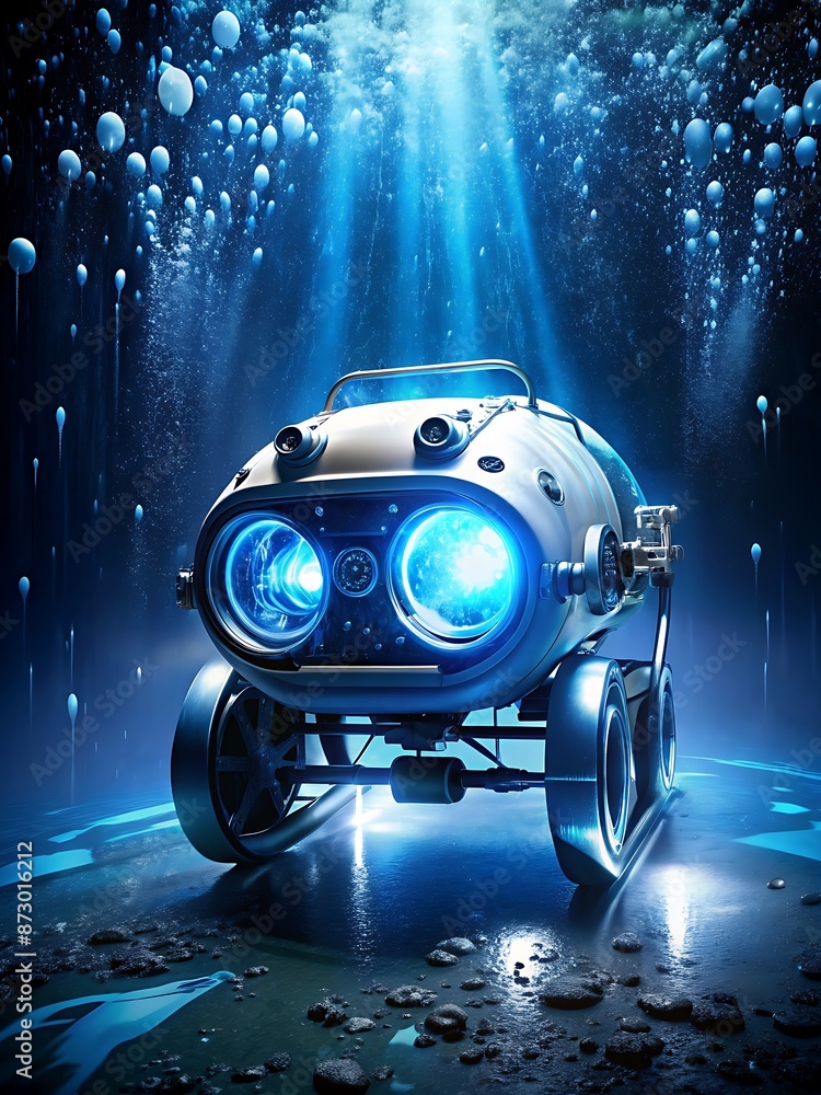 An underwater vehicle with bioluminescent lights, illuminated in a dark studio with water droplets.
An underwater vehicle with bioluminescent lights, illuminated in a dark studio with water droplets.