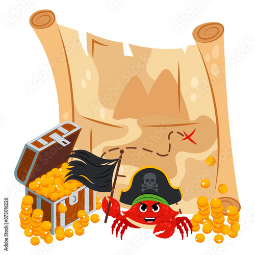 Map, chest of gold and crab in flat style on white background. Treasure hunt. Cartoon sea animals. Pirate. Antique nautical treasure map.