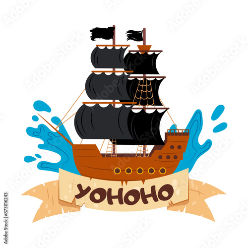 Pirate ship on waves with black sails in flat style. Large nautical wooden ship. Sea transportation. Cartoon pirate ship.