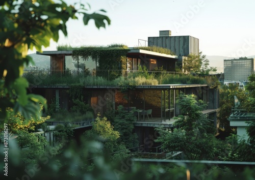 A spacious house with a vibrant green rooftop sits amidst a backdrop of lush trees and bushes, creating a harmonious blend with nature